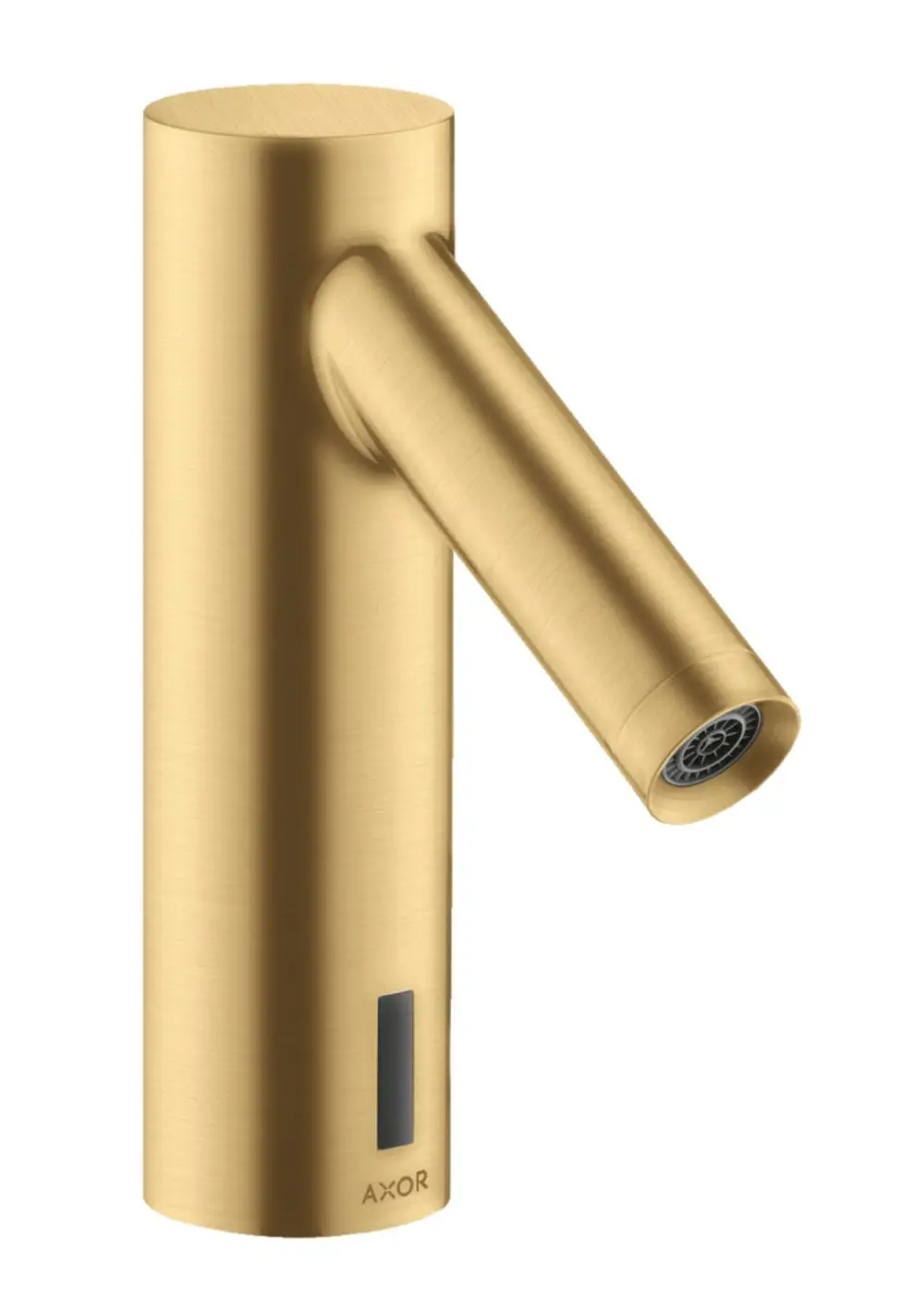 Waschtischmischer in gebürstetem Gold von AXOR, mit elektronischer Steuerung und Temperaturvoreinstellung, geeignet für den Batteriebetrieb.